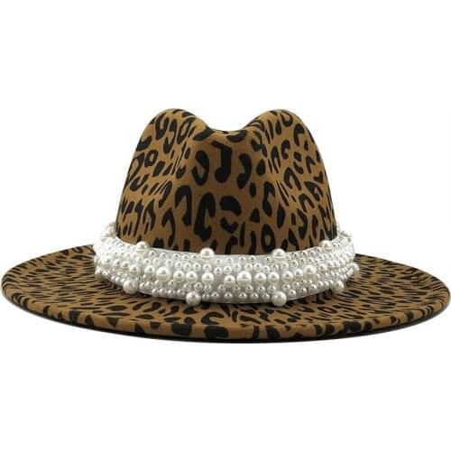Women Men Wool Fedora Hat With Pearl Ribbon Gentleman Elegant Lady Winter Autumn Wide Brim Church Panama Leopard print Jazz Cap