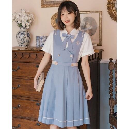 Lovely Japan Style Girl Lolita JK Sets Blue Bowknot A-line Dress Peated Skirt Shirt Women Student Jumper Skirt