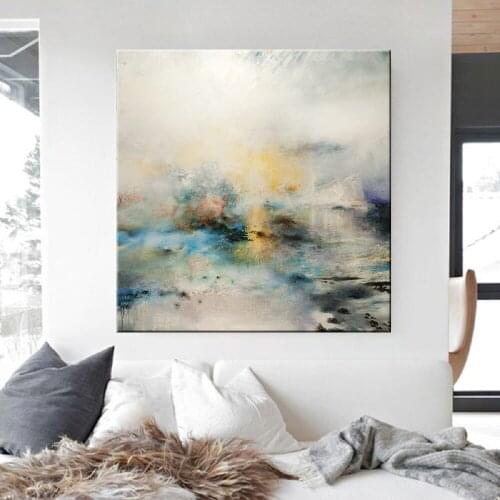 Nordic Morden Abstract Blue-green Line Wall Art Canvas Painting Golden Blue Smoke Art Poster Print Wall Picture for Living Room