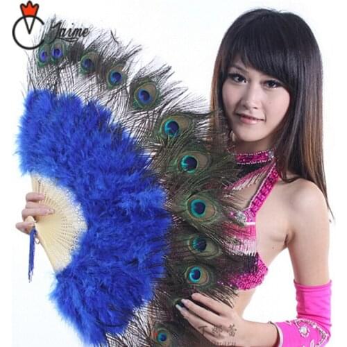 Belly Dance fan for dancing Stage Performance Props Feather Folding Hand Fans Peacock Feathers royal blue
