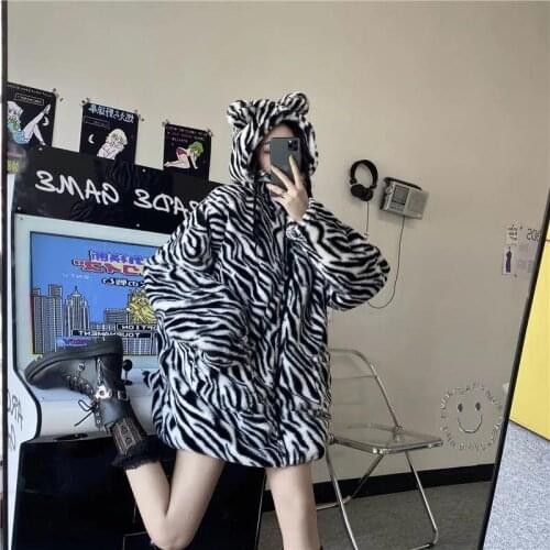 Hoodies Women Warm 2021 Winter Thicken Oversized Zebra Pattern Hooded Casual Sweatshirt Korean Classic Hoody Tops Women Clothing