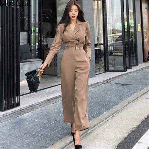 Korean Office 2 Piece Pants Suits Sets Women 2020 Autumn Double-breasted Blazer + High Waist Wide Leg Pants Suits Workwear Sets