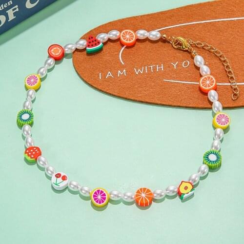 Bohemian Colorful Polymer Clay Fruit Slice Pearl Necklace For Women Fashion Summer Beach Chain Choker Necklaces Collar Jewelry