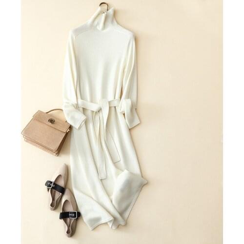 Winternew Warm Knitted Dress Women Fashion Casual High Quality Cashmere Wool Turtleneck Dress With Belt