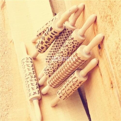 10pcs/lot Home Wooden Embossing Rolling Pin Kitchen Baking Decoration Engraved Carved Wood Rolling Pin Cake Tools Rolling Pin