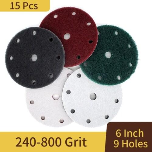 15 PCS 6 Inch 9-Hole Multi-purpose Flocking Scouring Pad 240-800 Grit Industrial Heavy Duty Nylon Cloth for Polishing & Grinding