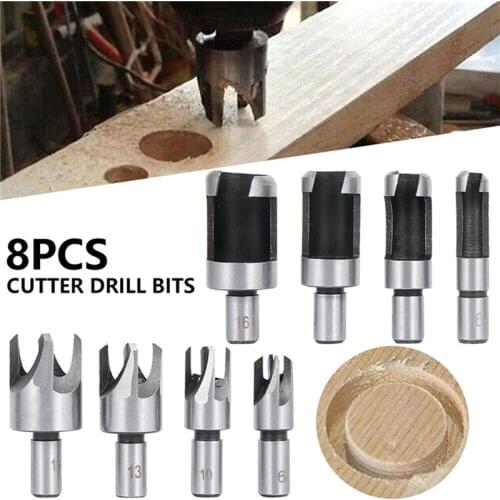 8pcs Wood Plug Hole Cutter Chamfered Plug Cutter Drill Bits Set Dowel Maker Cutting Tools 3/8 Inch Round Shank