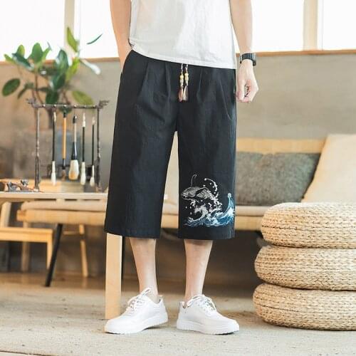 #8045 Summer Cotton Linen Pants Men Embroidery Vintage Casual Straight Wide Leg Pants Calf-length Trousers Mens Joggers Black