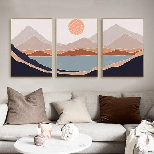 Abstract Painting Lake Mountain Boho Canvas Poster Print Sunset Landscape Prints Nordic Wall Art Posters Picture Bedroom Decor
