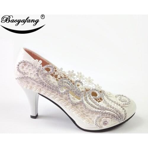 BaoYaFang Shallow Round Toe White Lace Wedding shoes Woman Med Heel Bride Dress Shoe female Autumn New arrival shoe