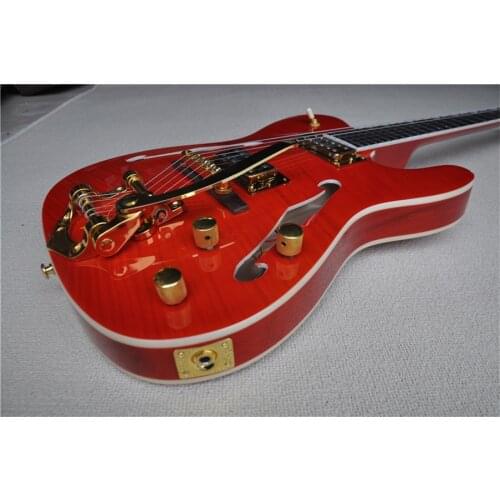 Free shipping custom 6 string orange semi hollow guitar,tremolo bridge,golden pickups,gold swtich,f hollow ,white binding