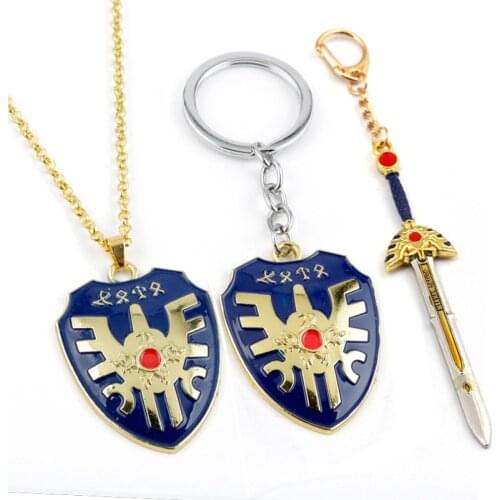 Dragon Quest Keychain Sword Shield of Road Key Chain Necklace Metal Pendant Trinket Dragon Kuesuto Jewelry Keyrings Gifts