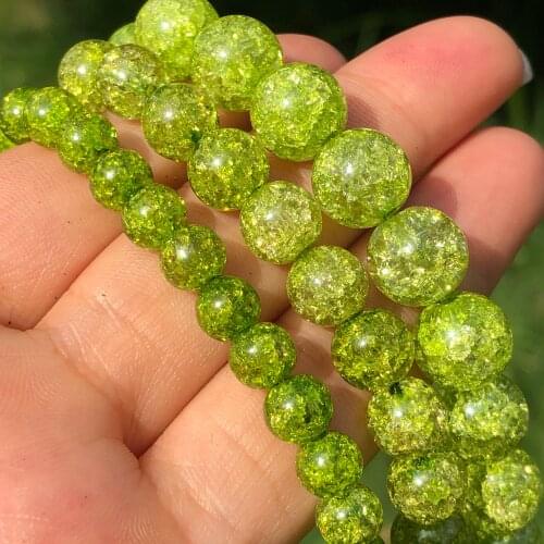 Natural Peridot Green Cracked Quartz Crystal Glass Beads Round Loose Spacer Beads For Jewelry Making DIY Bracelets Necklace 15"