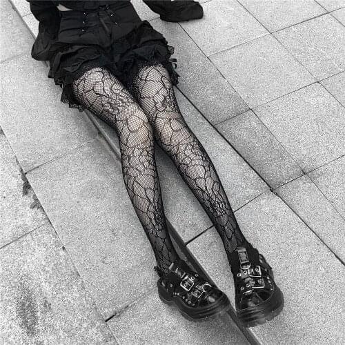 Black Spider Web Printed Stockings Women Costumes Sexy Fishnet Tight Fashion Transparent Hollow Mesh Tights