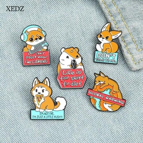 XEDZ Cartoon Yellow Dog Hamster Squirrel Enamel Brooch Cute Animal Playing Game Eating Pizza Globe Eating Melon Seeds Badge Jewe
