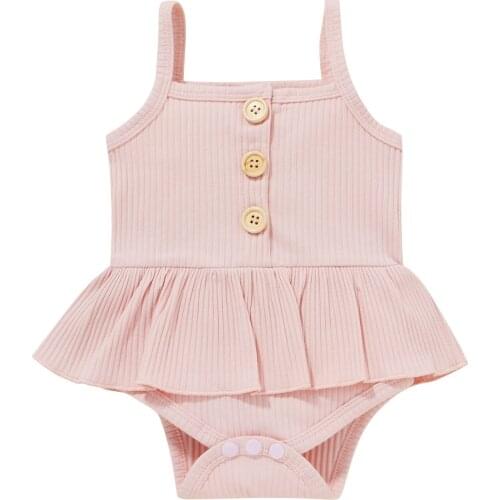 New Toddler Summer Jumpsuit, Solid Color Ribbed Spaghetti Strap Sleeveless Romper Skirt for Baby Girls, 0-18 Months, 6 Colors
