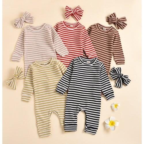 Newborn Baby Girls Long Sleeve Romper Horizontal Stripe Printing Classic Round Neck Ribbed Closing Sping Clothing