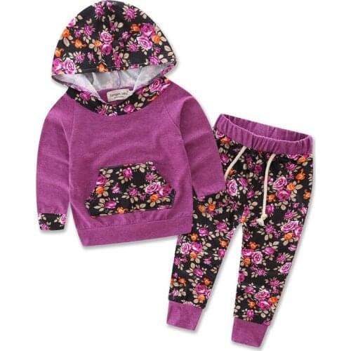 Baby Girls Clothing Sets 2PCs Long Sleeve Flower Spliced Pocket Hoodie Tops+Pants Kids Winter Clothes Children Clothing Set