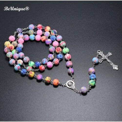 Colorful 8mm Polymer clay beads rosary pendant Alloy Cross Virgin Mary centrepieces Christian Catholic necklace Religious Goods