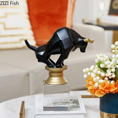 Creative Figurines Resin Animal Sculpture Crystal Base Black Cow Decoration Bookcase Living Room Crafts Home Decoration Modern
