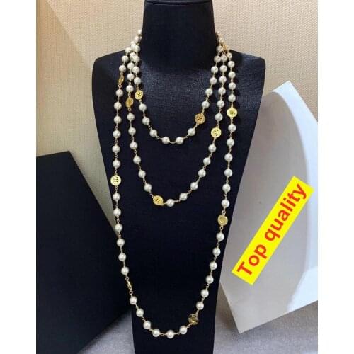 Fashion Pearls Luxcy Party Long button Necklace Vintage Bead Jewelry mutilayer letter name sweater Chain Neckalce