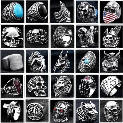 Gothic Retro Punk Ring Lion Skull Male Men Ring Defense Totem Wolf Fashion Hip Hop Rock Man Boy Finger Ring Gift