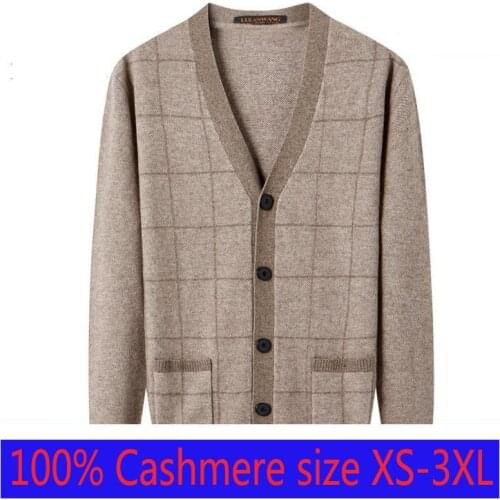 New Autumn Winter 100% Cashmere Cardigan Male Plaid Jacket Knitted Sweater V-neck Casual Computer Knitted Plus Size XS-2XL 3XL