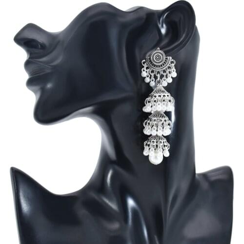 New Boho Style Ethnic Pearl Pendant Retro Earrings Gypsy Tribe Exaggerated Multi-LayerTemperament Long Jewelry Earrings