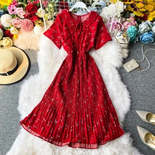 Women Summer Bohemian Chiffon Dress Korean Print Floral Slim Pleated Dress Sundress New Holiday Beach Short sleeve Dresses