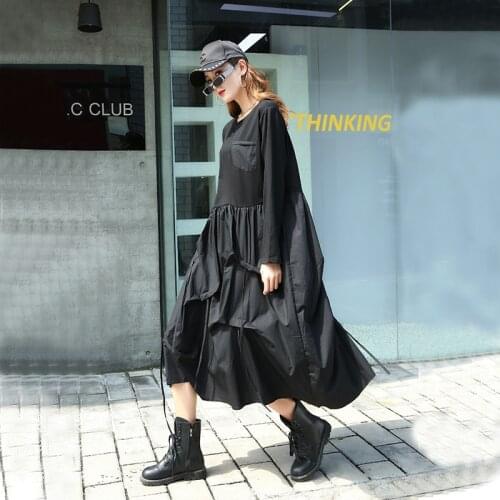 Pleated Plus Size Dress Fashion New Women 2020 Autumn Patchwork Pullover Minority Loose Style Dress