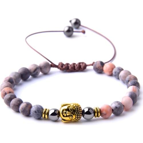 Buddha Head Charm Bracelets Men Natural 8 mm Rhodonite Beads Bracelets Women Braide Macrame Bangle Adjustable Jewelry For Friend