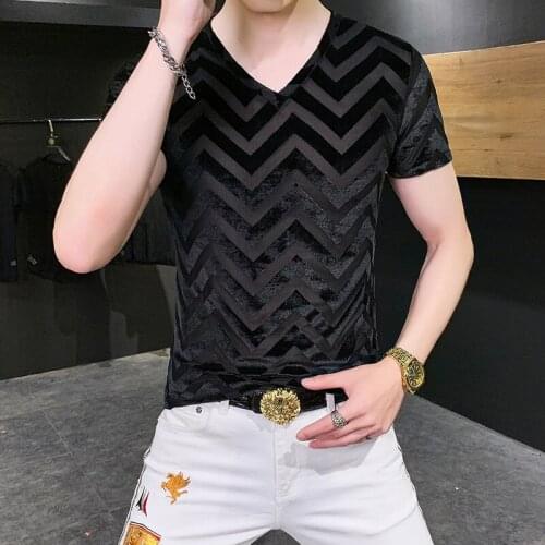 Velvet Jacquard Hollow V-neck T-shirt Short Sleeve Tshirt For Men Velvet Designer Clothing Social Club Outfits Tee Shirt Homme