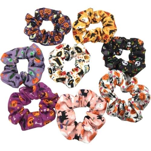 15Pcs/Bag Halloween Pumpkin Bat Spider Print Scrunchies For Women Hair Accessories Elastic Hair Rubber Band Hair Rope Hair Ring