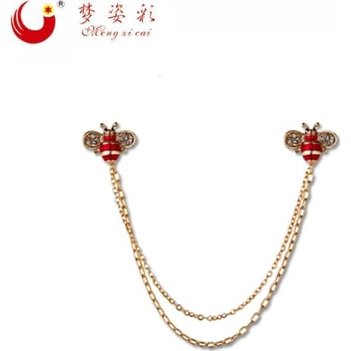New Design Gold Chain Enamel Bee Brooch Pin Crystal Femal Decoration Lapel Pin Collar Chain Women Wedding Gift X1735