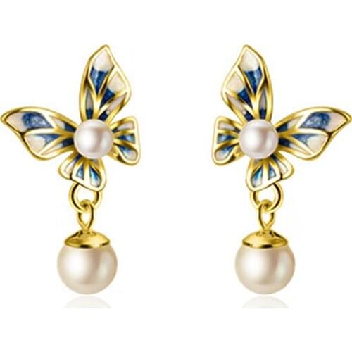 100% 925 Sterling Silver Blue Butterfly Pearl Earrings Exquisite Insect Dangle Drop Earrings for Women Elegant Female Jewelry