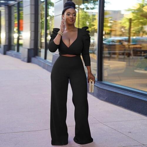 Office Lady Women Two Piece Tracksuit Deep V Neck Puff Sleeve Crop Top and Wide Leg Trouser Elegant High Waist Matching Suits