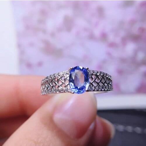 Natural blue sapphire gem Ring Natural gemstone ring S925 silver trendy grace round wide grid women party gift fine Jewelry