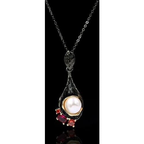 Gothic Retro Black Gold Freshwater Pearl Pendant Necklace Female S925 Silver Short Chain Necklace Italian Jewelry
