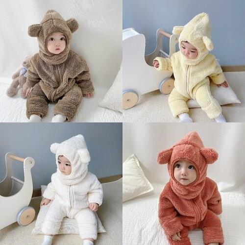 2020 Winter Infant Warm Clothes Newborn Baby Rompers with Removable Hat Boys Girls Fleece Hand Foot Protect Jumpsuit Footies