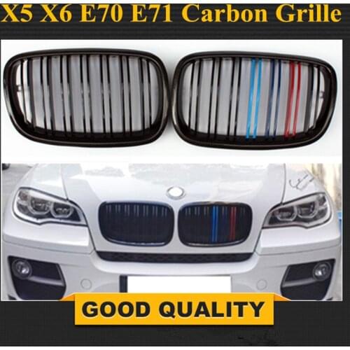 1 Pair Carbon Glossy Black M-Color Front Grille Grill Double Slat Kidney for BMW X5 X6 E70 E71 2007-2013