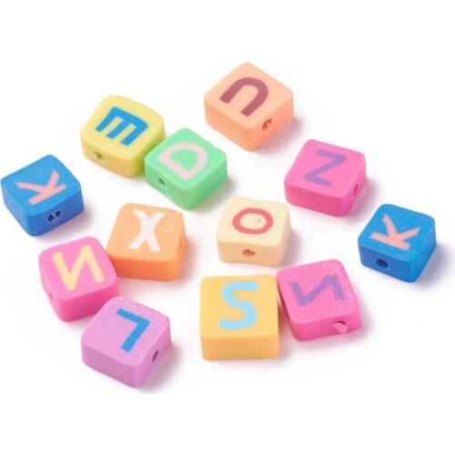 50pcs Square Handmade Polymer Clay Beads Mixed Color Loose Spacer Letter Beads for Jewelry Making DIY Bracelet Accessories