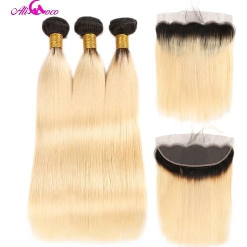 Ali Coco Hair 1b/613 Blonde Color Brazilian Straight Hair 2/3 Bundles With 13x4 ear to ear Frontal Dark Root Remy Hair