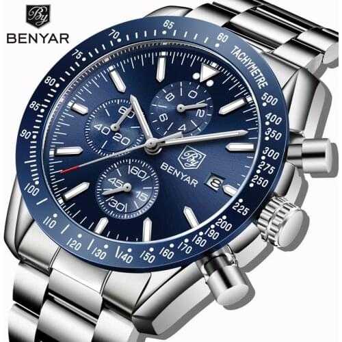 BENYAR Business Quartz Watch Mens Watch Unique Design Waterproof Shockproof Stainless Steel Strap Watch Mens Sports Watch