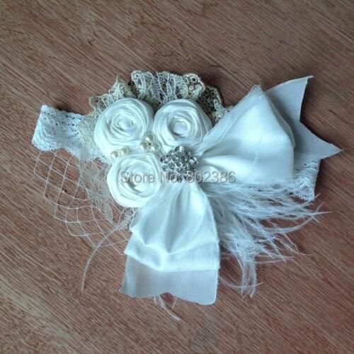 Free Shipping Dupioni Silk Roll Flower Ivory Ostrich Feather Headband Kids Hair Accessories
