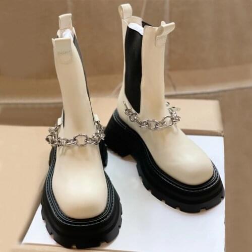 Western black Chain ankle boots for women med thick platform punk chelsea boots leather bottine femme motorcycle woman shoes