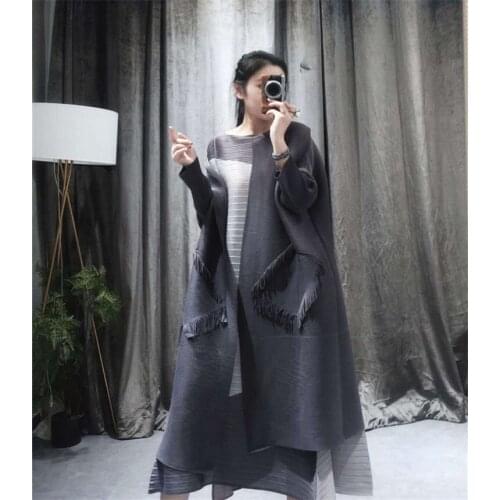 Issey Miyake Tassel Long Coat Spring 2021 New Knee- Pleated Medium-Length Trench Cardigan