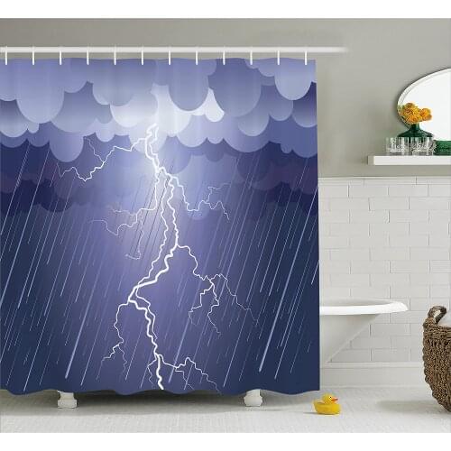 Home Decor Shower Curtain Lightning Strike Thunderstorm in Air at Dark Night Rainy Electric Force Flashes Image Bathroom Decor