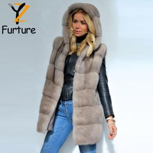 Fashion Women Genuine Mink Fur Vest Hooded Whole Mink Skin Sleeveless Garment 80cm Length Overcoat Plus Size Winter Warm Coats