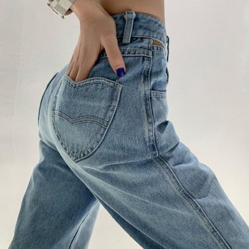 Fashion Light Blue Love Pocket Loose Casual Straight Light Thin Hole Denim Trousers Female Summer New Y2k Baggy Wide Leg Jeans