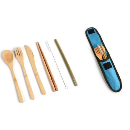 50sets Outdoor Wooden Flatware Cutlery Set Bamboo Straw Dinnerware With Cloth Bag Knives Fork Spoon Chopsticks Travel SN1297